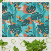 カラフル熱帯パーム葉とハイビスカスの花 キッチンタオル (折り畳み)