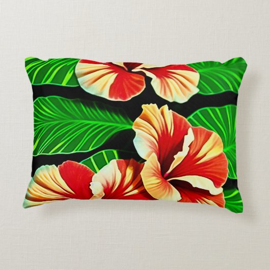 カラフル熱帯葉の花とハイビスカス | アクセントクッション (裏面)