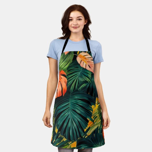 カラフル熱帯葉の花とハイビスカス | エプロン (着用した状態)