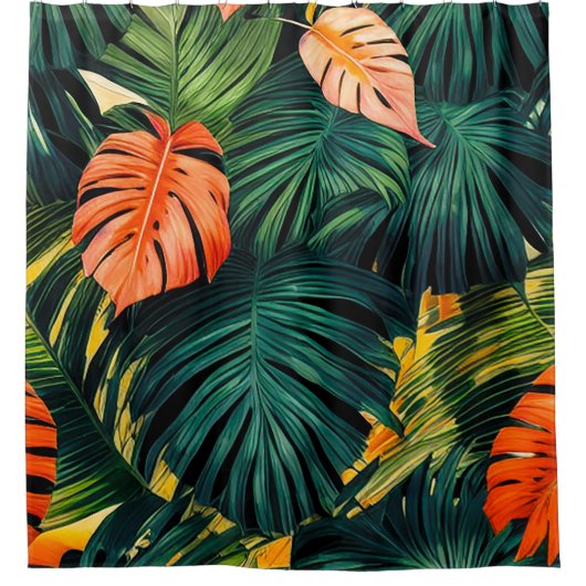 カラフル熱帯葉の花とハイビスカス | シャワーカーテン (正面)