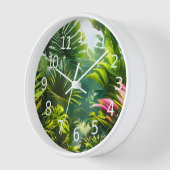 カラフル熱帯葉の花とハイビスカス | 壁時計 (傾斜)