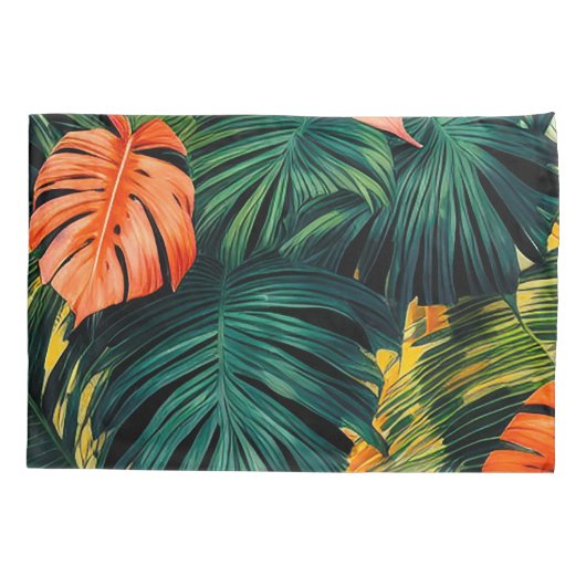 カラフル熱帯葉の花とハイビスカス | 枕カバー (裏面-左)