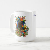カラフル熱帯鳥と青鮮やかい植物 コーヒーマグカップ (正面左)