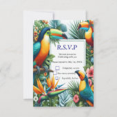 カラフル熱帯鳥と青鮮やかい植物 出欠カード (正面)