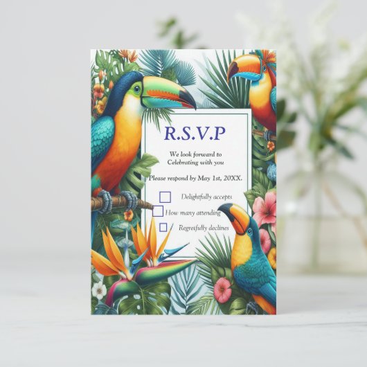 カラフル熱帯鳥と青鮮やかい植物 出欠カード (スタンド正面)