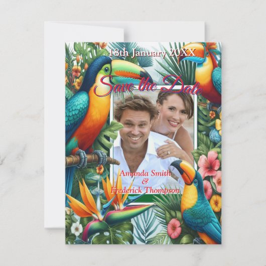 カラフル熱帯鳥と青鮮やかい植物 案内状 (正面)