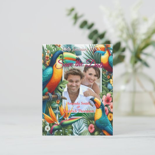 カラフル熱帯鳥と青鮮やかい植物 案内状 (スタンド正面)