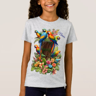 カラフル熱帯鳥と青鮮やかい植物 Tシャツ