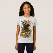 カラフル熱帯鳥と青鮮やかい植物 Tシャツ (正面フル)