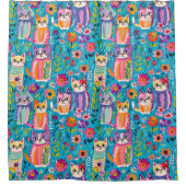 カラフル猫と花お洒落 シャワーカーテン (正面)