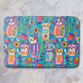 カラフル猫と花お洒落 バスマット