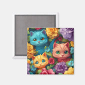 カラフル猫と花かわいいデザイン マグネット (正面/裏面)