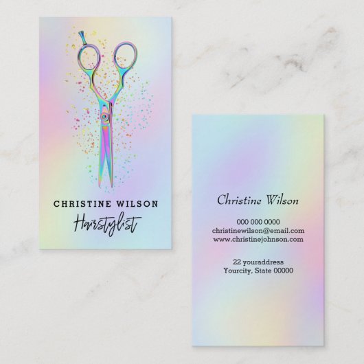・カラフル理髪用はさみフェイクグリッター 名刺 (正面/裏面)