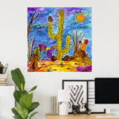 カラフル砂漠サボテン朝犬ポスター32"x32" ポスター (ホームオフィス)