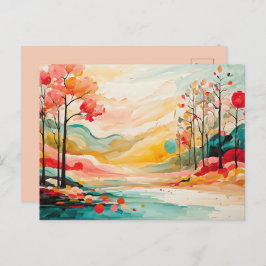 カラフル秋の葉の水彩アート ポストカード