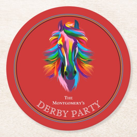 カラフル競走馬ダービーパーティー赤 ラウンドペーパーコースター (正面)