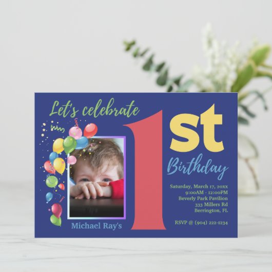 カラフル第1バースデーフォトパーティの招待状 招待状 (スタンド正面)