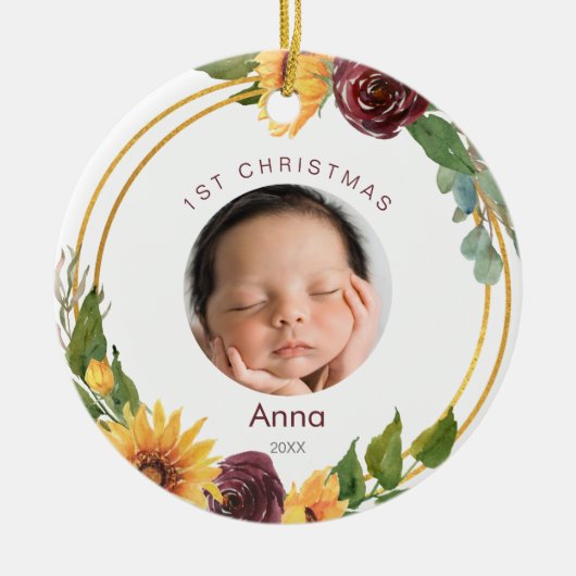 カラフル第1回クリスマスフォトサンフラワー&バーガンディ セラミックオーナメント (正面)