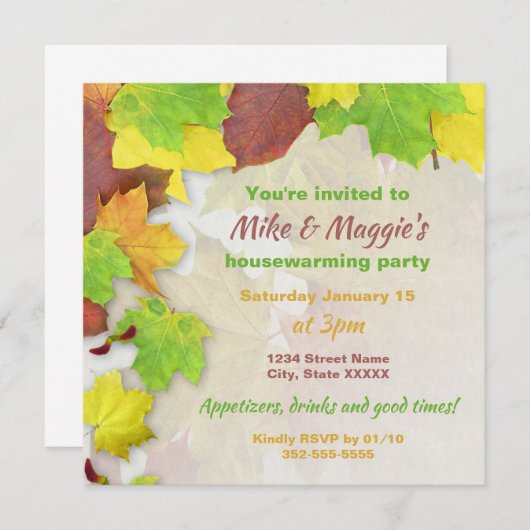 カラフル紅葉印刷可能引っ越し祝いパーティー 招待状 (正面/裏面)