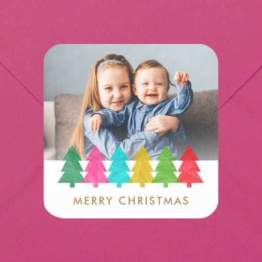 カラフル紙ツリーのクリスマスフォトシール スクエアシール