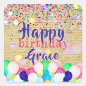 カラフル紙吹雪とバルーンのハッピーバースデー スクエアシール (正面)