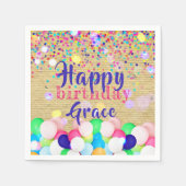 カラフル紙吹雪とバルーンのハッピーバースデー スタンダードカクテルナプキン (正面)