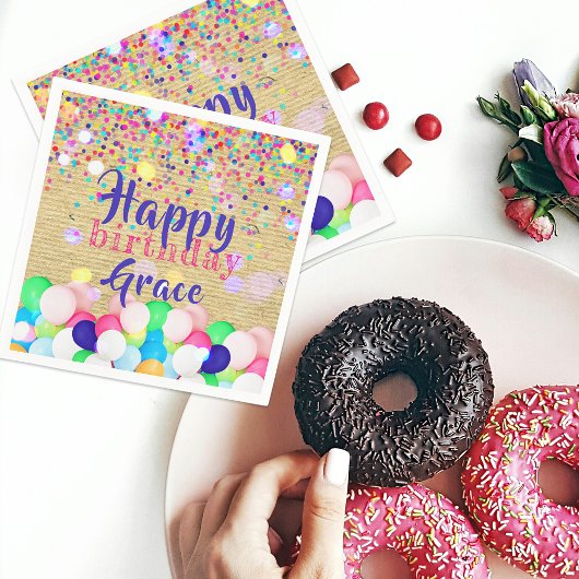 カラフル紙吹雪とバルーンのハッピーバースデー スタンダードカクテルナプキン