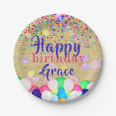 カラフル紙吹雪とバルーンのハッピーバースデー ペーパープレート (正面)