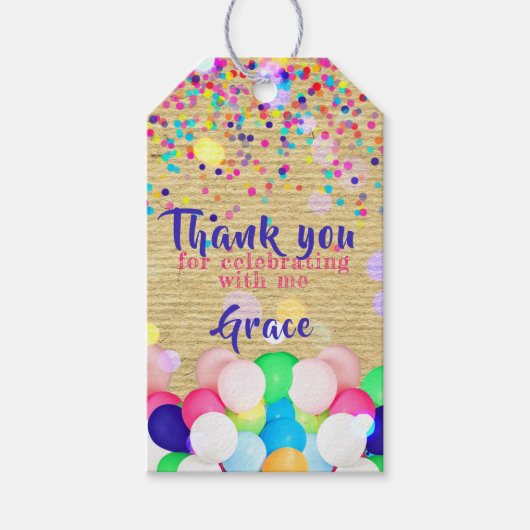 カラフル紙吹雪とバルーン誕生日ありがとう ギフトタグ (正面)