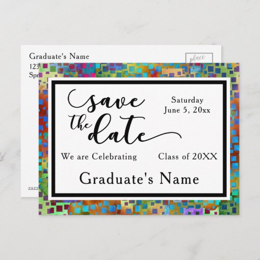 カラフル紙吹雪グラフィック卒業保存日付 案内ポストカード (正面/裏面)