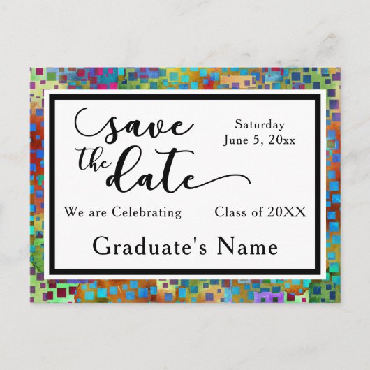 カラフル紙吹雪グラフィック卒業保存日付 案内ポストカード (正面)