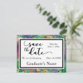 カラフル紙吹雪グラフィック卒業保存日付 案内ポストカード (スタンド正面)