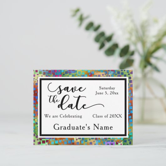 カラフル紙吹雪グラフィック卒業保存日付 案内ポストカード (スタンド正面)
