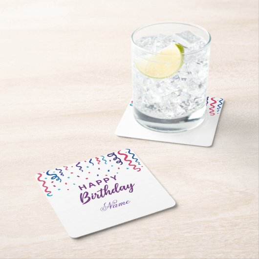 カラフル紙吹雪ハッピーバースデー スクエアペーパーコースター (インサイチュ)