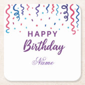 カラフル紙吹雪ハッピーバースデー スクエアペーパーコースター (正面)