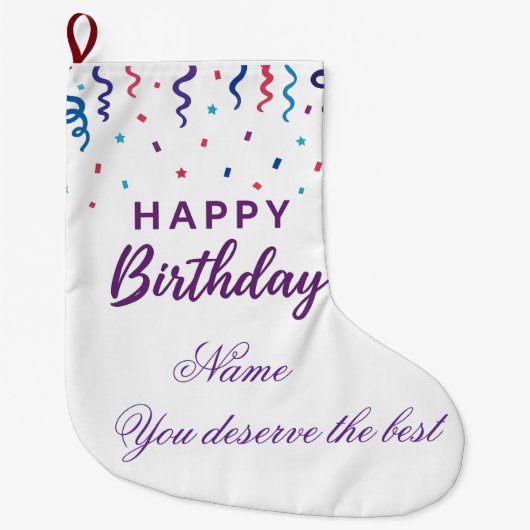 カラフル紙吹雪ハッピーバースデー ラージクリスマスストッキング (正面)
