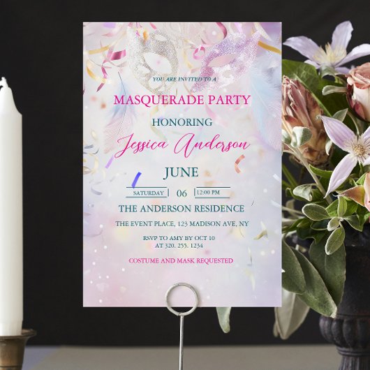 カラフル紙吹雪マスカレードパーティー誕生日 招待状