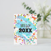 カラフル紙吹雪新年の青い四角いテンプレート シーズンポストカード (スタンド正面)