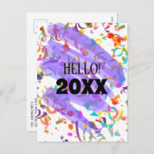 カラフル紙吹雪新年パープルスクイグル シーズンポストカード (正面/裏面)