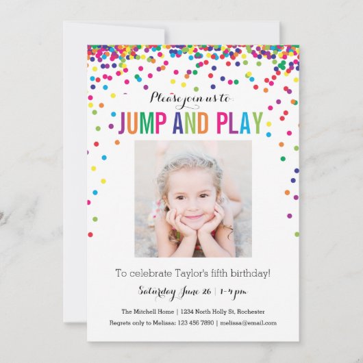 カラフル紙吹雪第5誕生日フォトジャンプ遊 招待状 (正面)