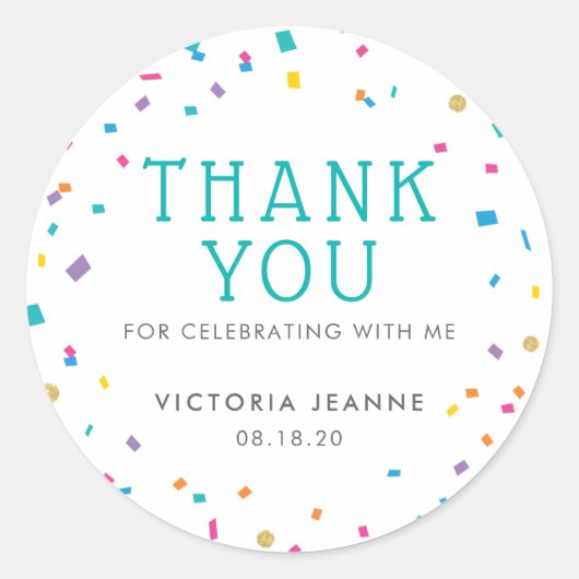 カラフル紙吹雪誕生祝いありがとう ラウンドシール (正面)