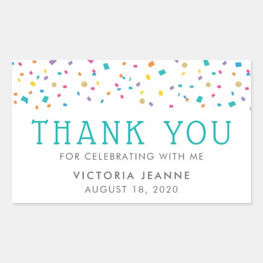 カラフル紙吹雪誕生祝いありがとう 長方形シール (正面)