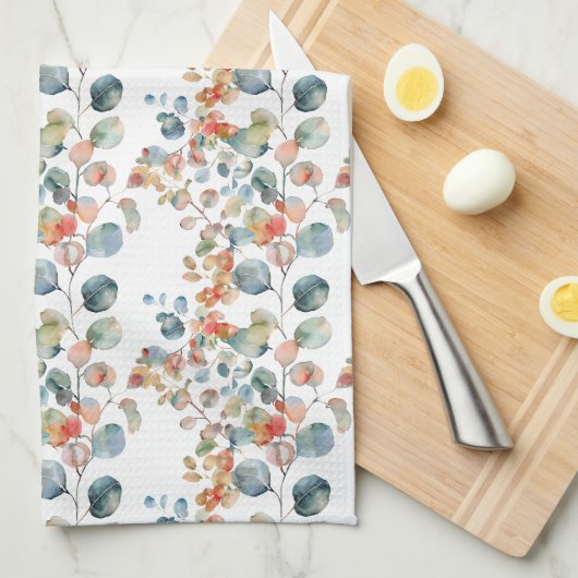 カラフル素朴ユーカリ水の色葉の キッチンタオル (四つ折り)