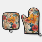 カラフル素朴花 鍋つかみ&鍋敷きセット (正面)