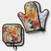 カラフル素朴花 鍋つかみ&鍋敷きセット (正面/裏面)