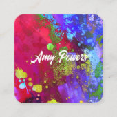 カラフル紫マゼンモダンタ絵を描（ばちゃばちゃ）跳ねる スクエア名刺 (正面)