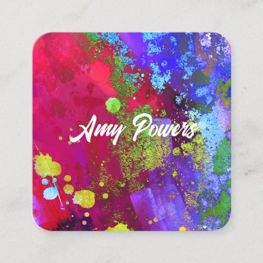 カラフル紫マゼンモダンタ絵を描(ばちゃばちゃ)跳ねる スクエア名刺 (正面)