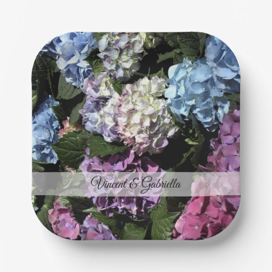 カラフル紫陽花結婚の ペーパープレート (正面)