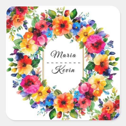 カラフル結婚フローラリース スクエアシール (正面)