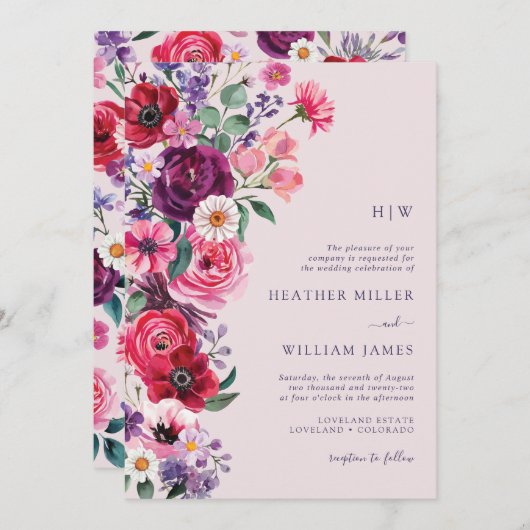 カラフル結婚モノグラムのフローラ 招待状 (正面/裏面)